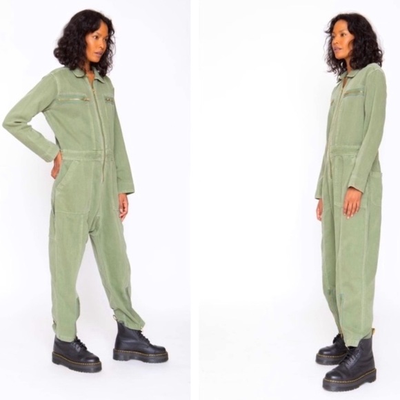 NWT Sandrine Rose x Free People Army Jumpsuit Linen Cotton Small Military Green - Picture 1 of 15